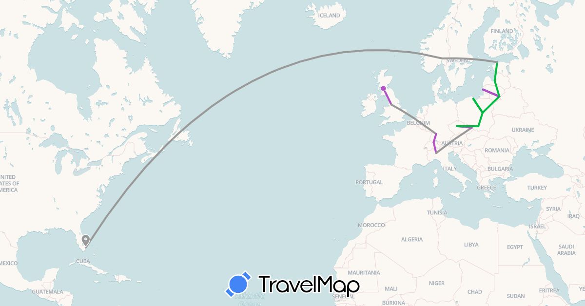 TravelMap itinerary: driving, bus, plane, train in Switzerland, Czech Republic, Germany, Estonia, United Kingdom, Italy, Lithuania, Latvia, Norway, Poland, United States (Europe, North America)